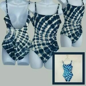 COLE Womens High Cut Leg One Piece Swimsuit Blue‎ 6 Strappy Stretch Tie Dye